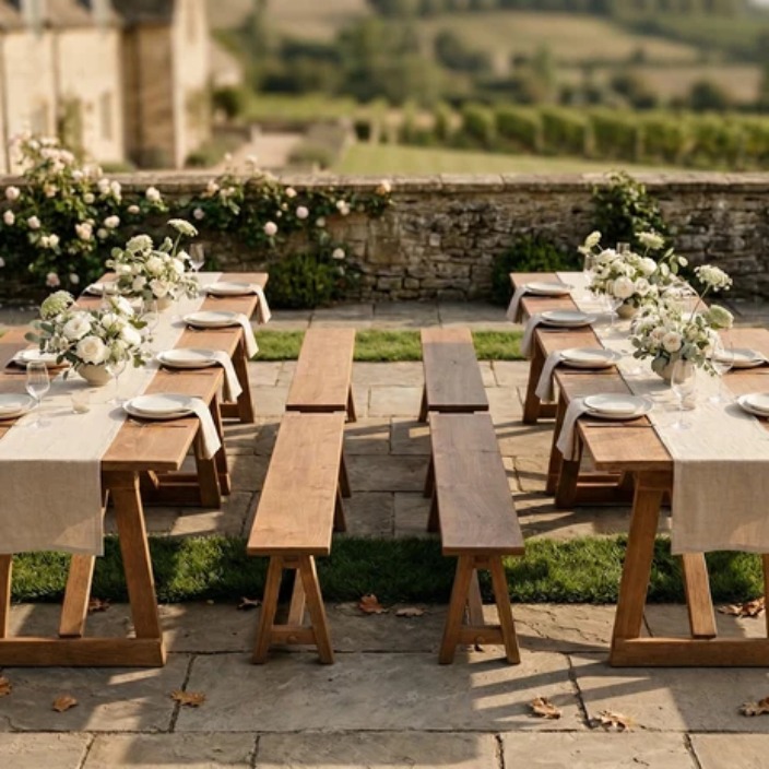 Handmade trestle tables and benches set for a garden event